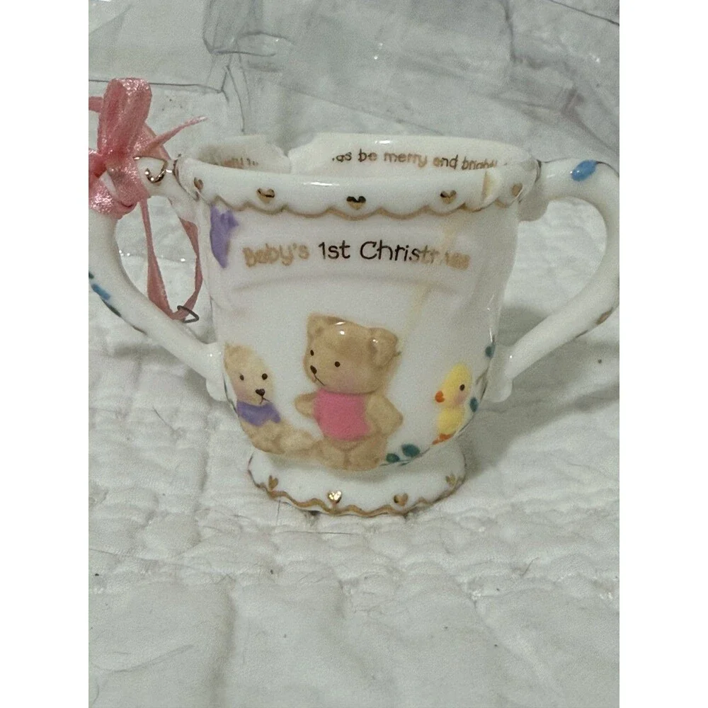 Rare Carlton Cards AG Baby Girls First Christmas 2003 Tea Cup Ornament